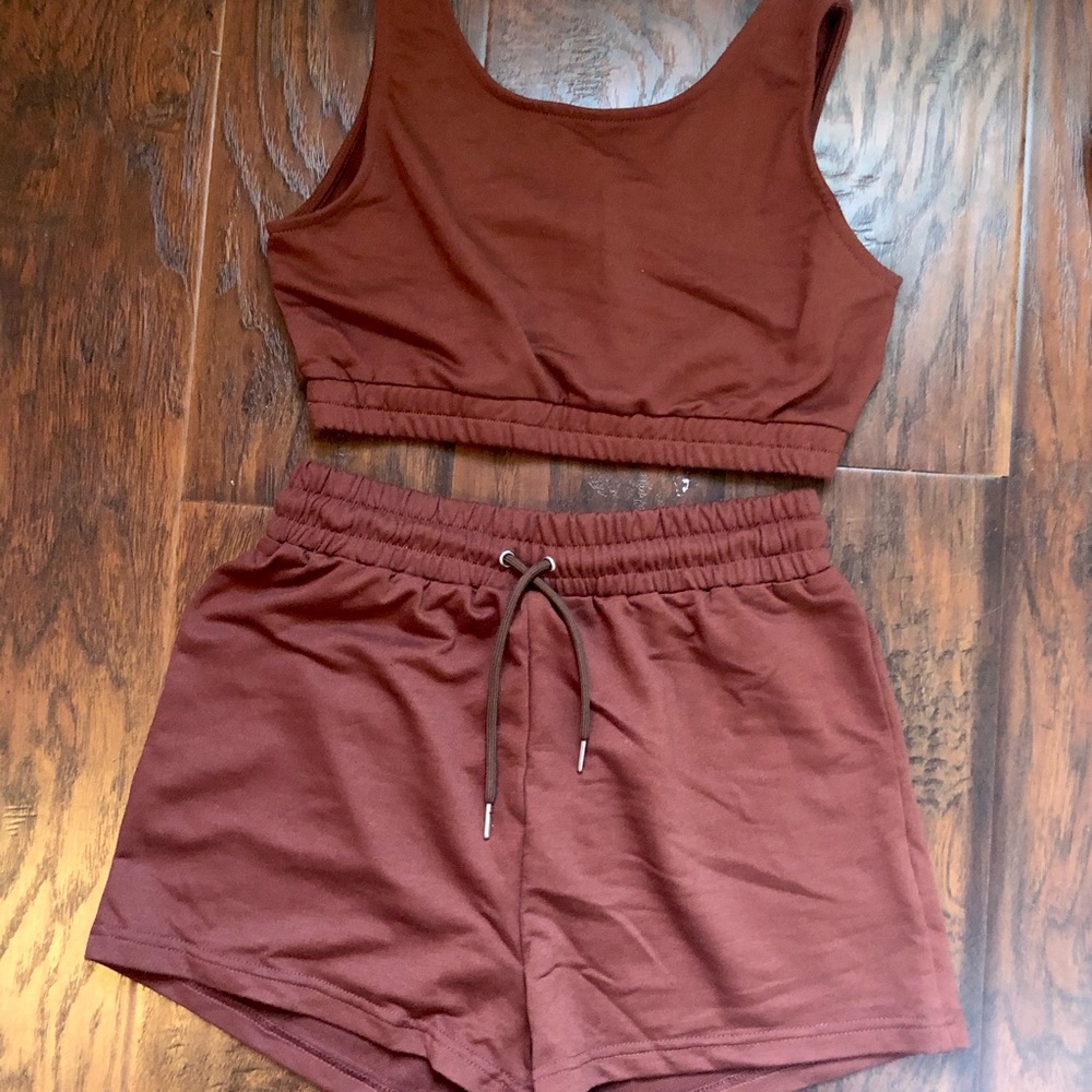 Rust color crop top and shorts set